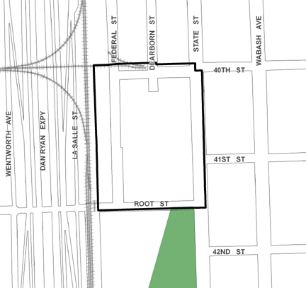 40th/State TIF district, repealed in 2013, was roughly bounded on the north by 40th Street, Root Street on the south, State Street on the east and the METRA/Rock Island railroad tracks on the west.